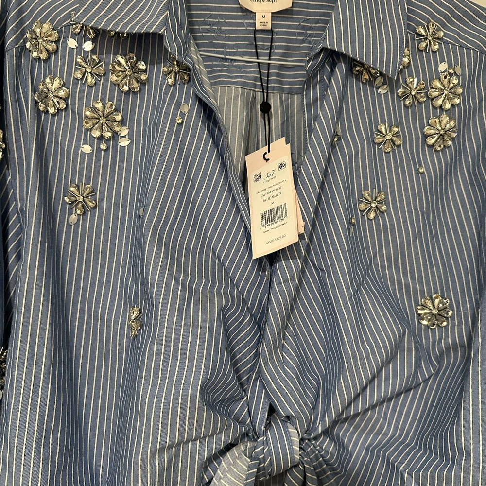Cinq á Sept Blue & White Stripe Tie-Front Shirt with Silver Floral Embellishment